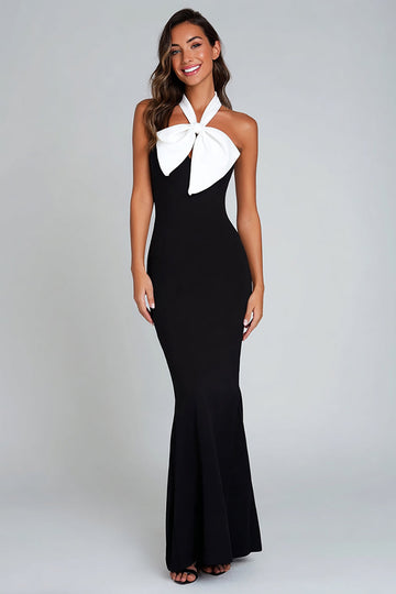 Noir et blanc gainage dos nu longue robe formelle avec noeud